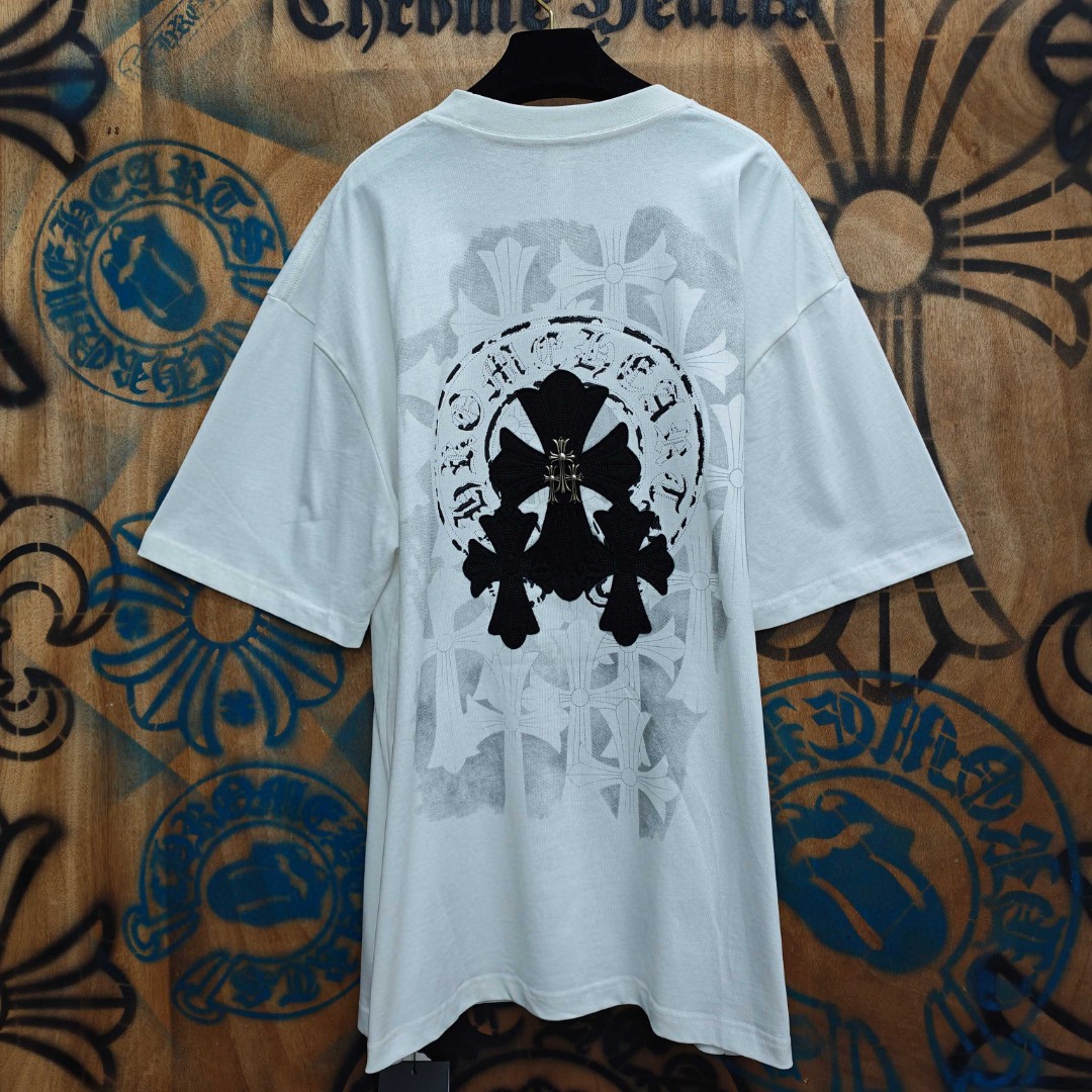 Chrome Hearts 克罗心 黑色马蹄十字架绣花圆领短袖 T恤 白色 A0