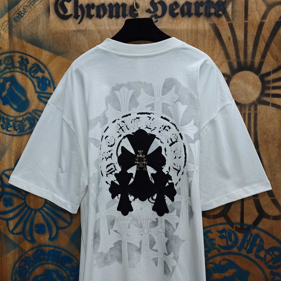 Chrome Hearts 克罗心 黑色马蹄十字架绣花圆领短袖 T恤 白色 A0