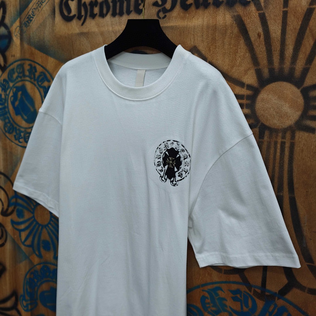 Chrome Hearts 克罗心 黑色马蹄十字架绣花圆领短袖 T恤 白色 A0