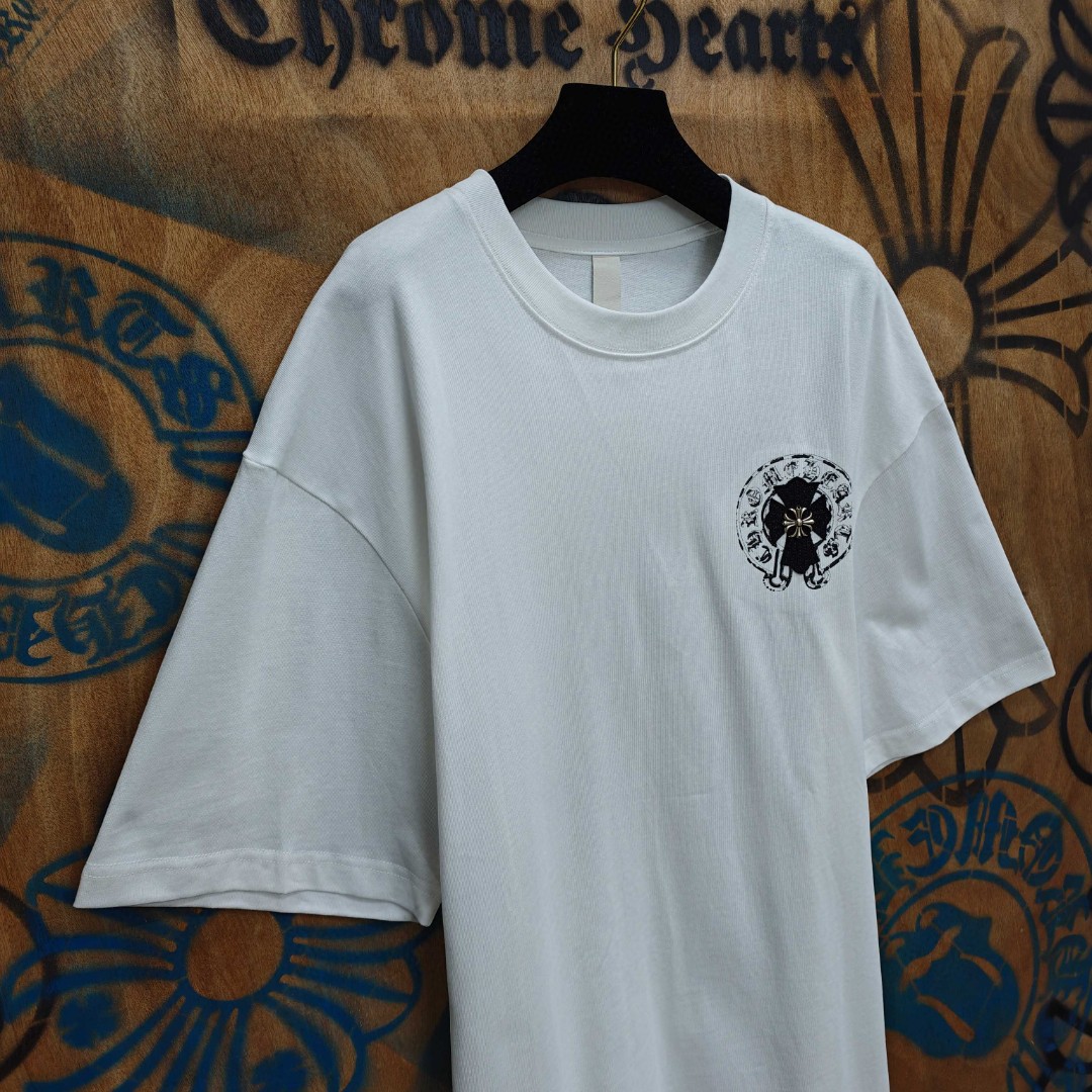 Chrome Hearts 克罗心 黑色马蹄十字架绣花圆领短袖 T恤 白色 A0