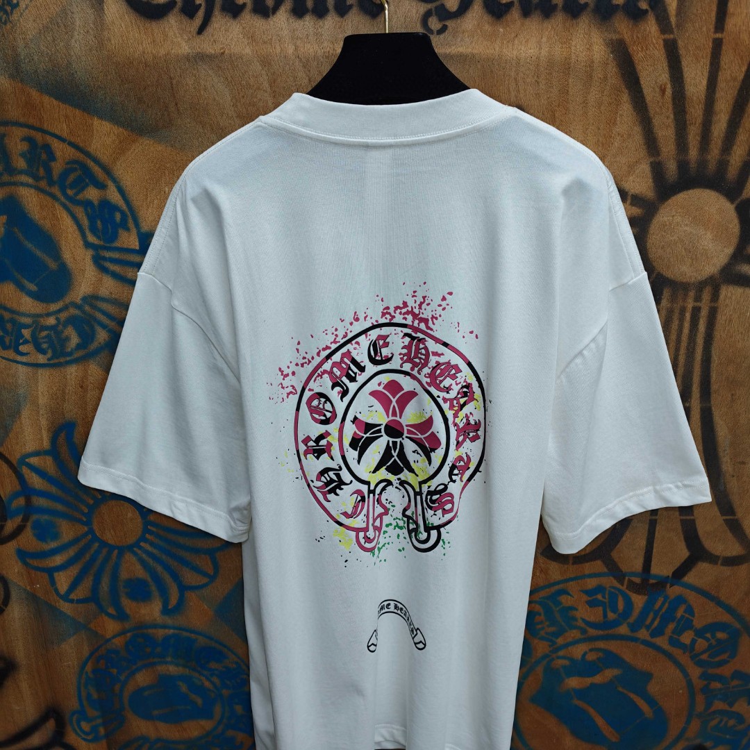 Chrome Hearts 克罗心 彩色泼墨马蹄印花圆领短袖 T恤 白色 黑色 A0