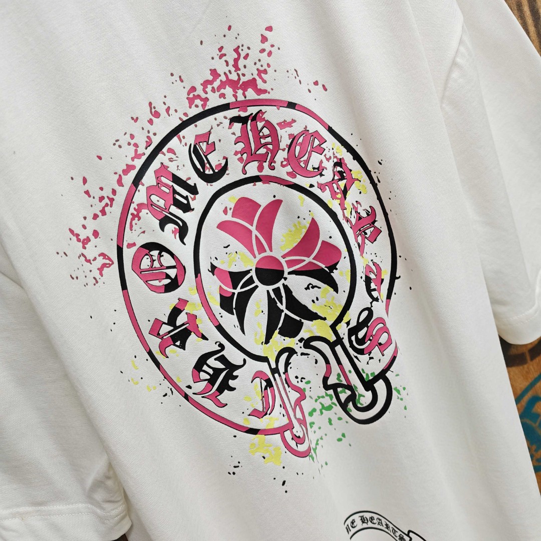 Chrome Hearts 克罗心 彩色泼墨马蹄印花圆领短袖 T恤 白色 黑色 A0