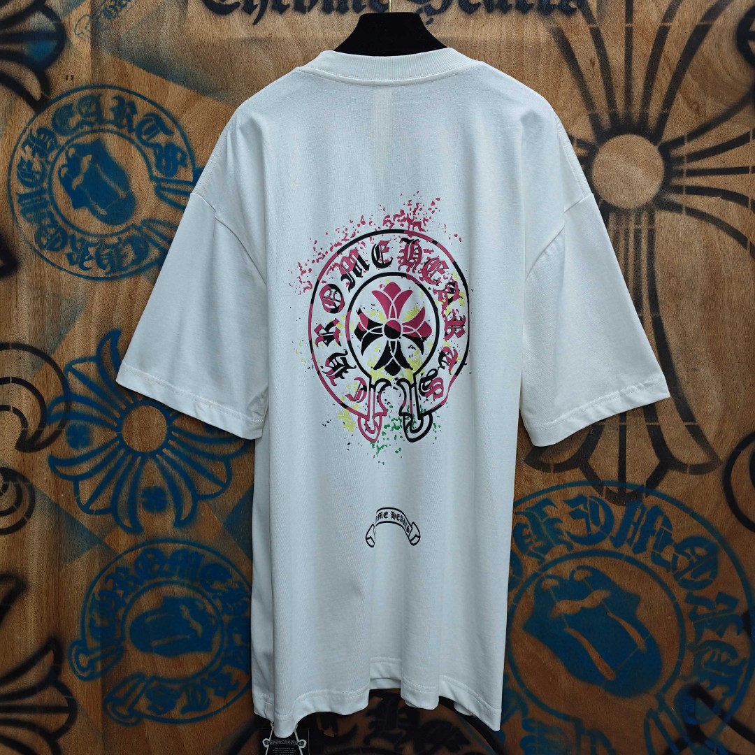 Chrome Hearts 克罗心 彩色泼墨马蹄印花圆领短袖 T恤 白色 黑色 A0