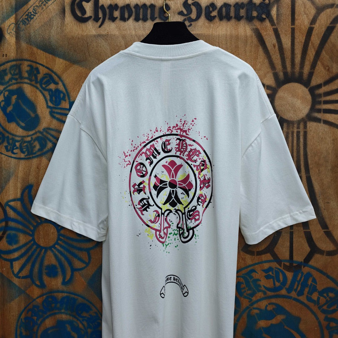 Chrome Hearts 克罗心 彩色泼墨马蹄印花圆领短袖 T恤 白色 黑色 A0