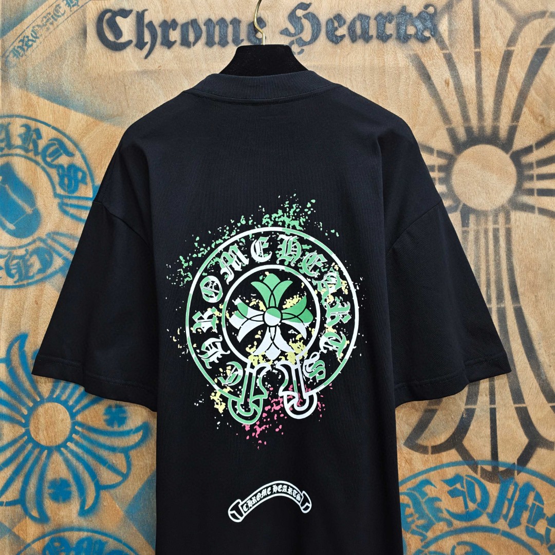 Chrome Hearts 克罗心 彩色泼墨马蹄印花圆领短袖 T恤 白色 黑色 A0