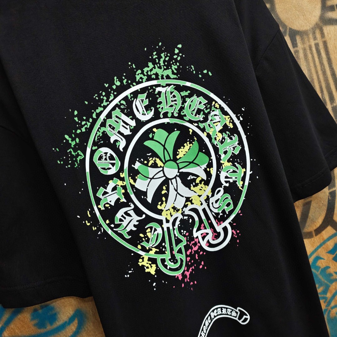 Chrome Hearts 克罗心 彩色泼墨马蹄印花圆领短袖 T恤 白色 黑色 A0