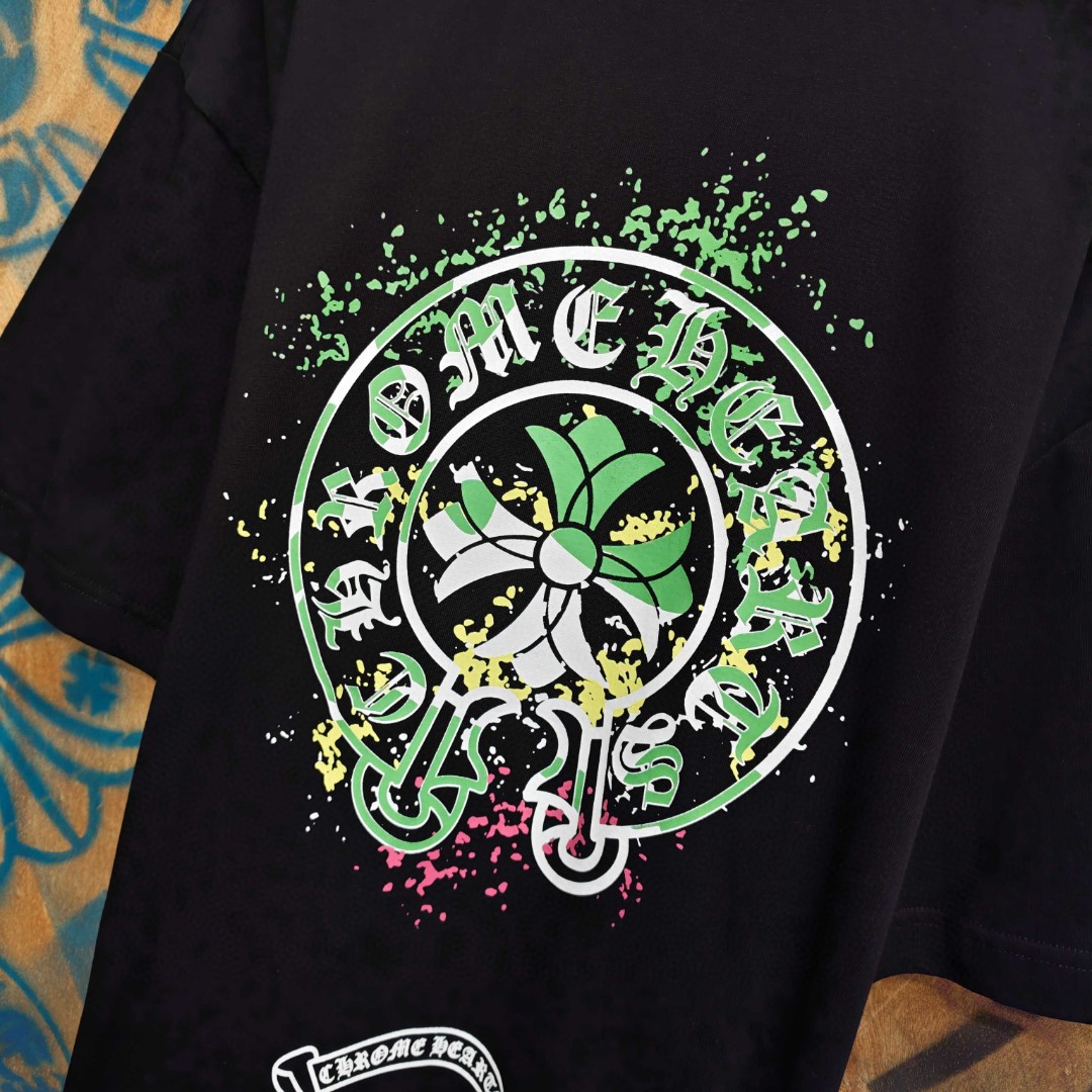 Chrome Hearts 克罗心 彩色泼墨马蹄印花圆领短袖 T恤 白色 黑色 A0