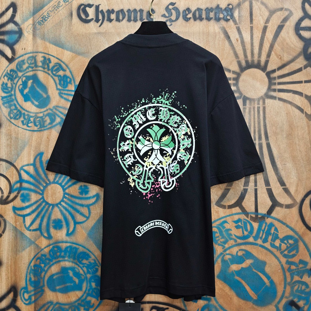 Chrome Hearts 克罗心 彩色泼墨马蹄印花圆领短袖 T恤 白色 黑色 A0