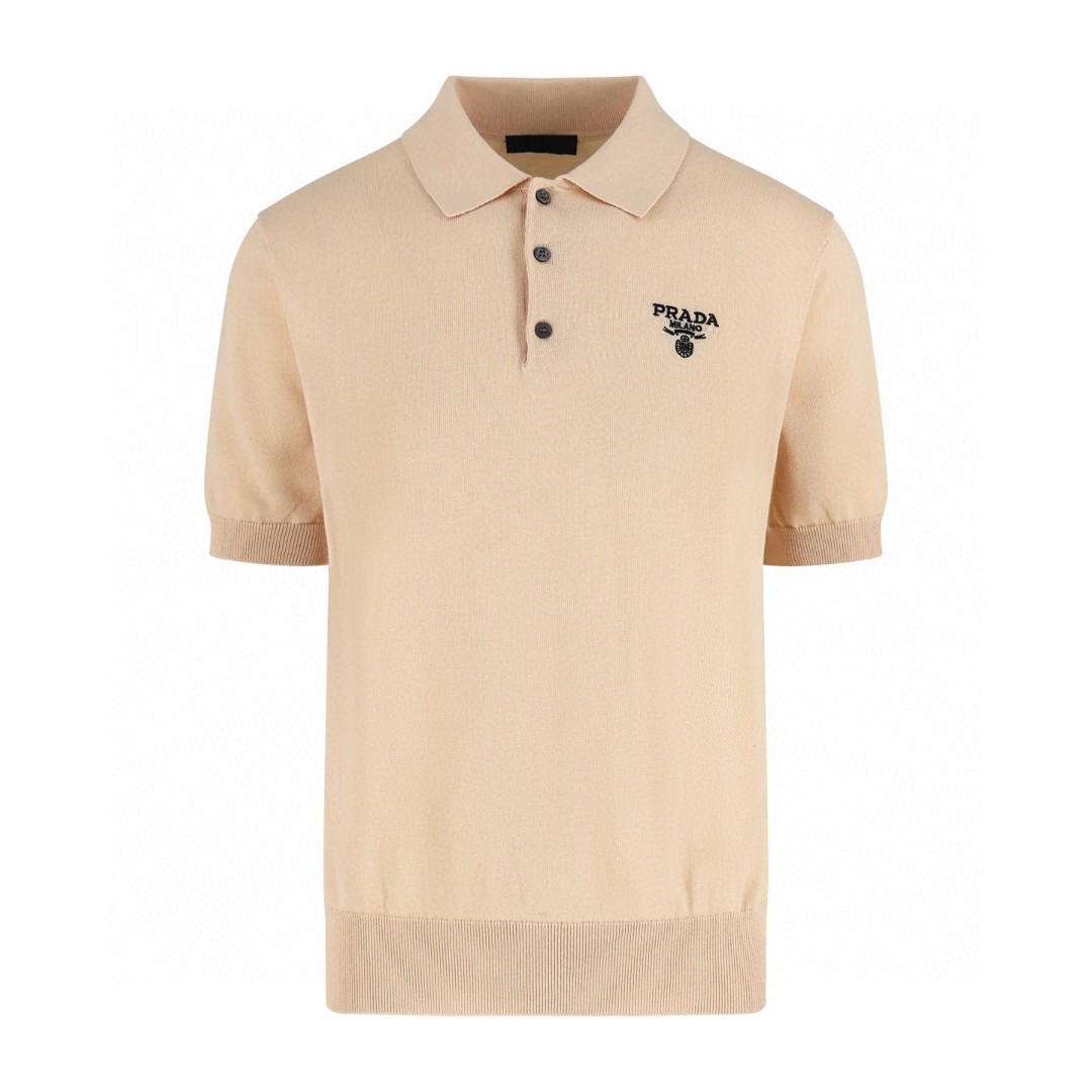 PRADA 普拉达 刺绣翻领针织Polo衫 短袖 T恤 夏季 黑色 杏色 A5