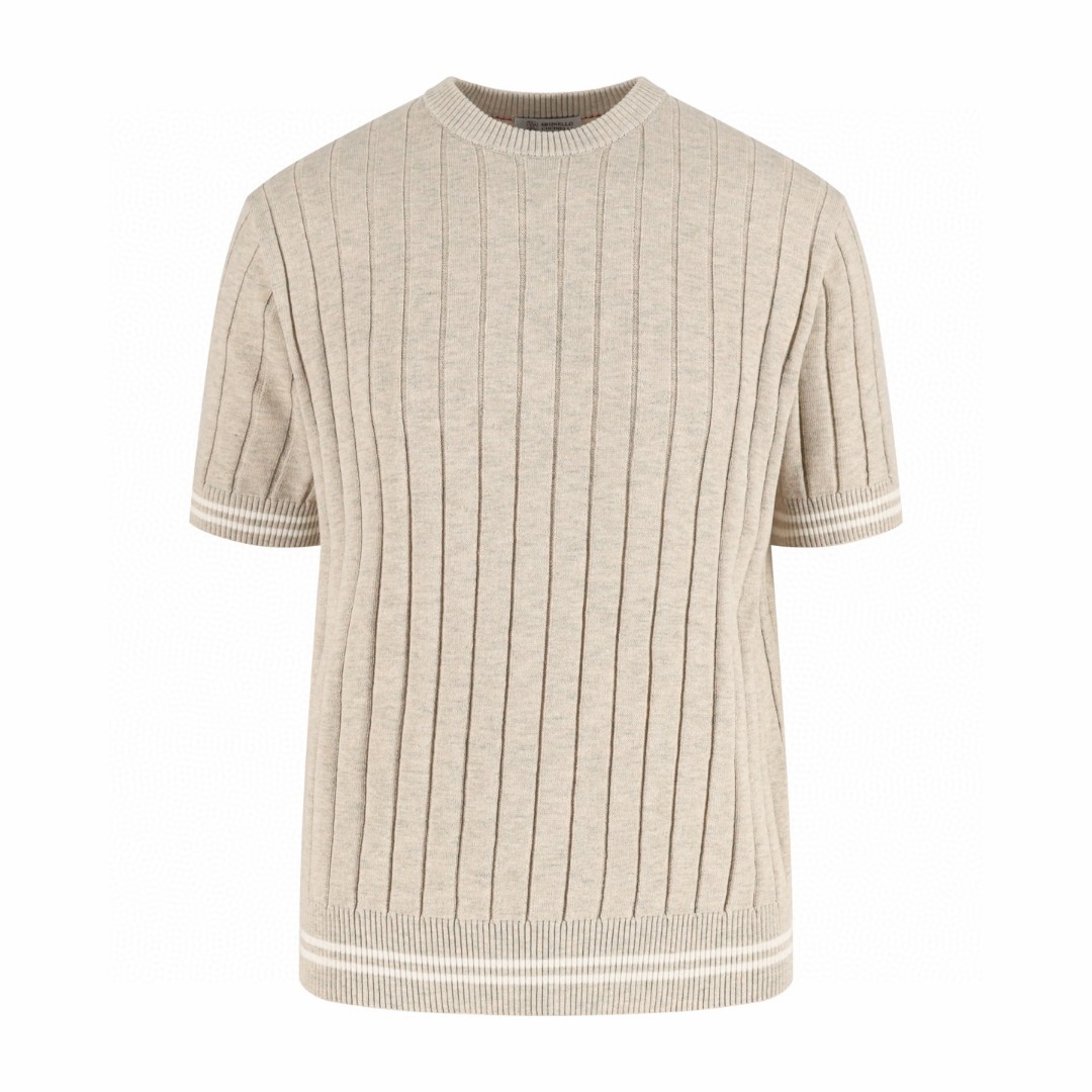 Brunello Cucinelli BC 绞花老钱风针织圆领短袖 T恤 灰色 杏色 黑色 A5