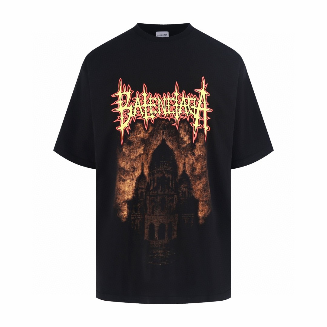 Balenciaga 巴黎世家 城堡古堡印花圆领短袖 T恤 夏季 黑色 A2 764235TUVE41000