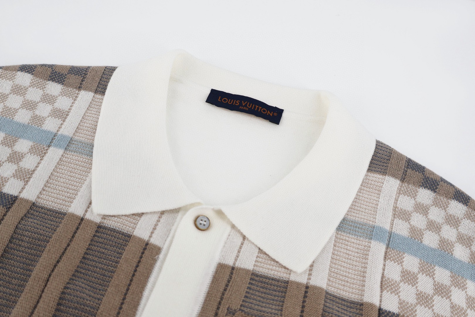 LOUIS VUITTON 路易威登 格纹提花针织短袖衬衫 针织衫 外套 白棕色 B0 HUN74WAURM11