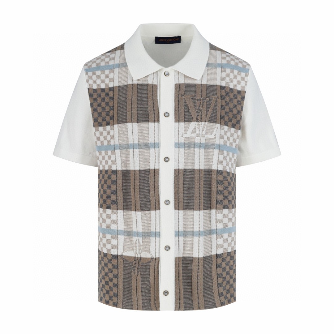 LOUIS VUITTON 路易威登 格纹提花针织短袖衬衫 针织衫 外套 白棕色 B0 HUN74WAURM11