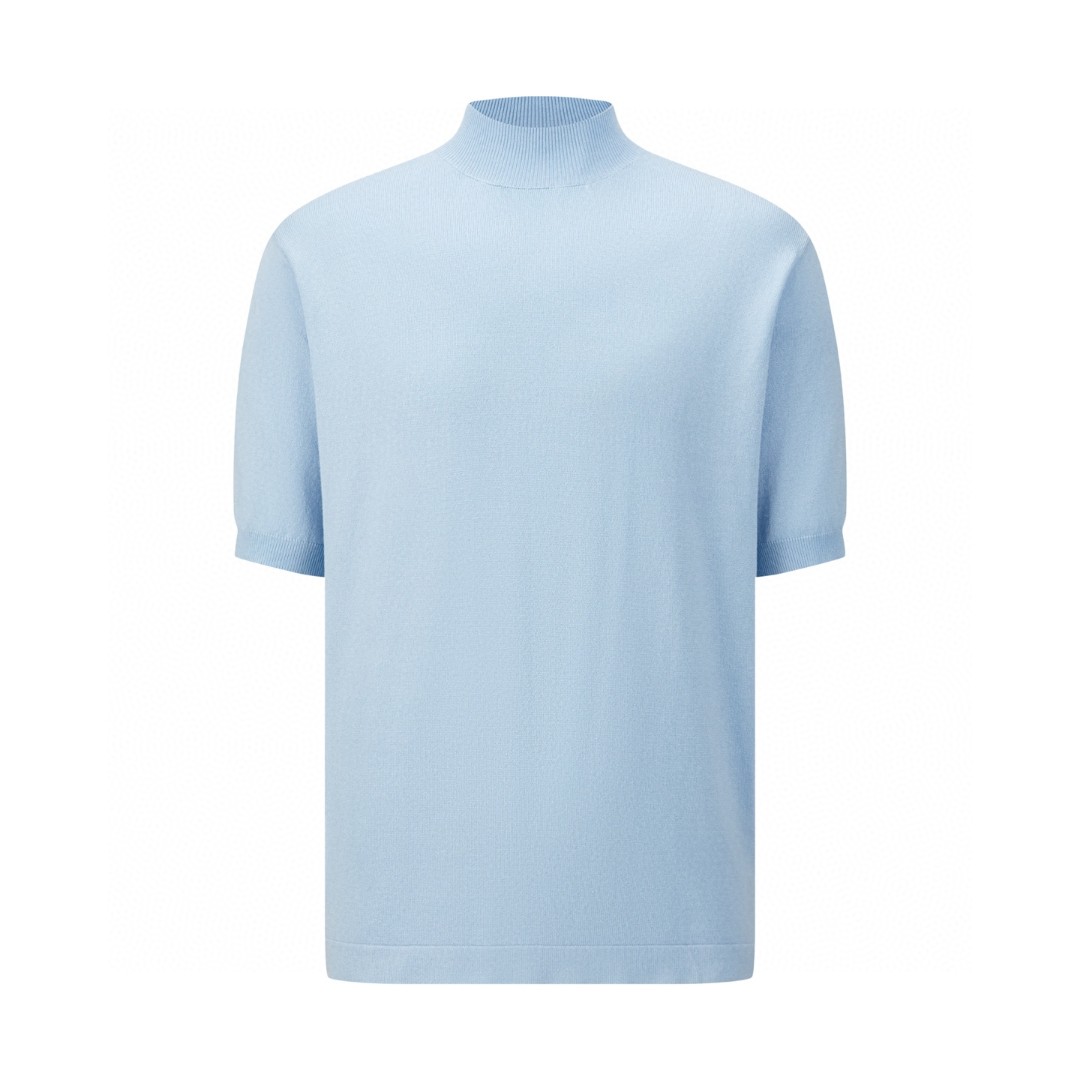 PRADA 普拉达 袖口提花标识半高领针织短袖 针织衫 T恤 蓝色 A7 UMR681-1811-F0012-S-OOO