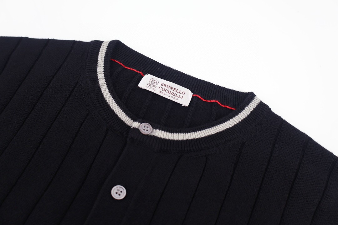 Brunello Cucinelli BC 绞花老钱风针织亨利领短袖 T恤 灰色 黑色 B0