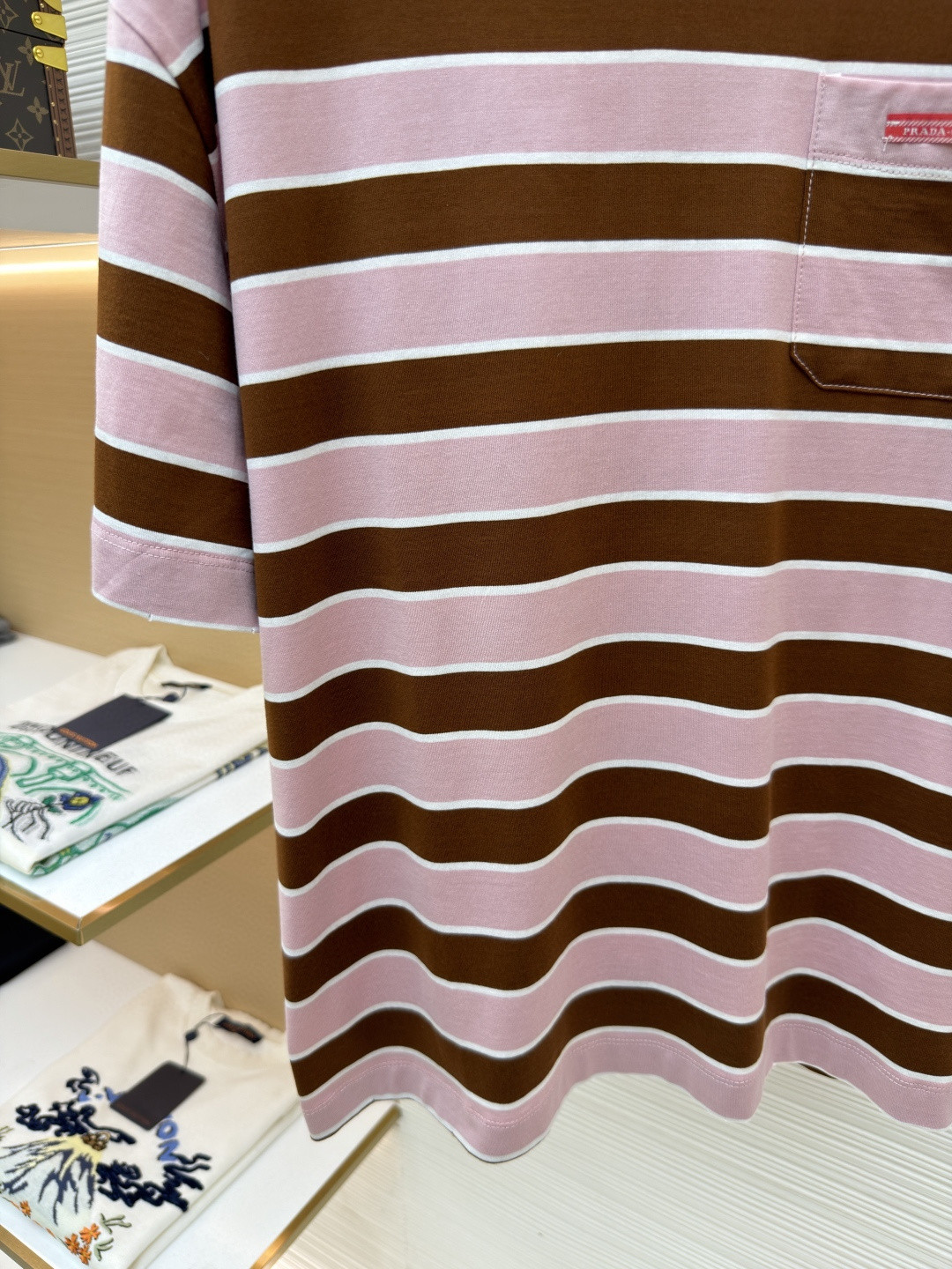 PRADA 普拉达 撞色条纹圆领短袖 T恤 夏季 粉色 A0 39610-OOO1-89PF0-5AB
