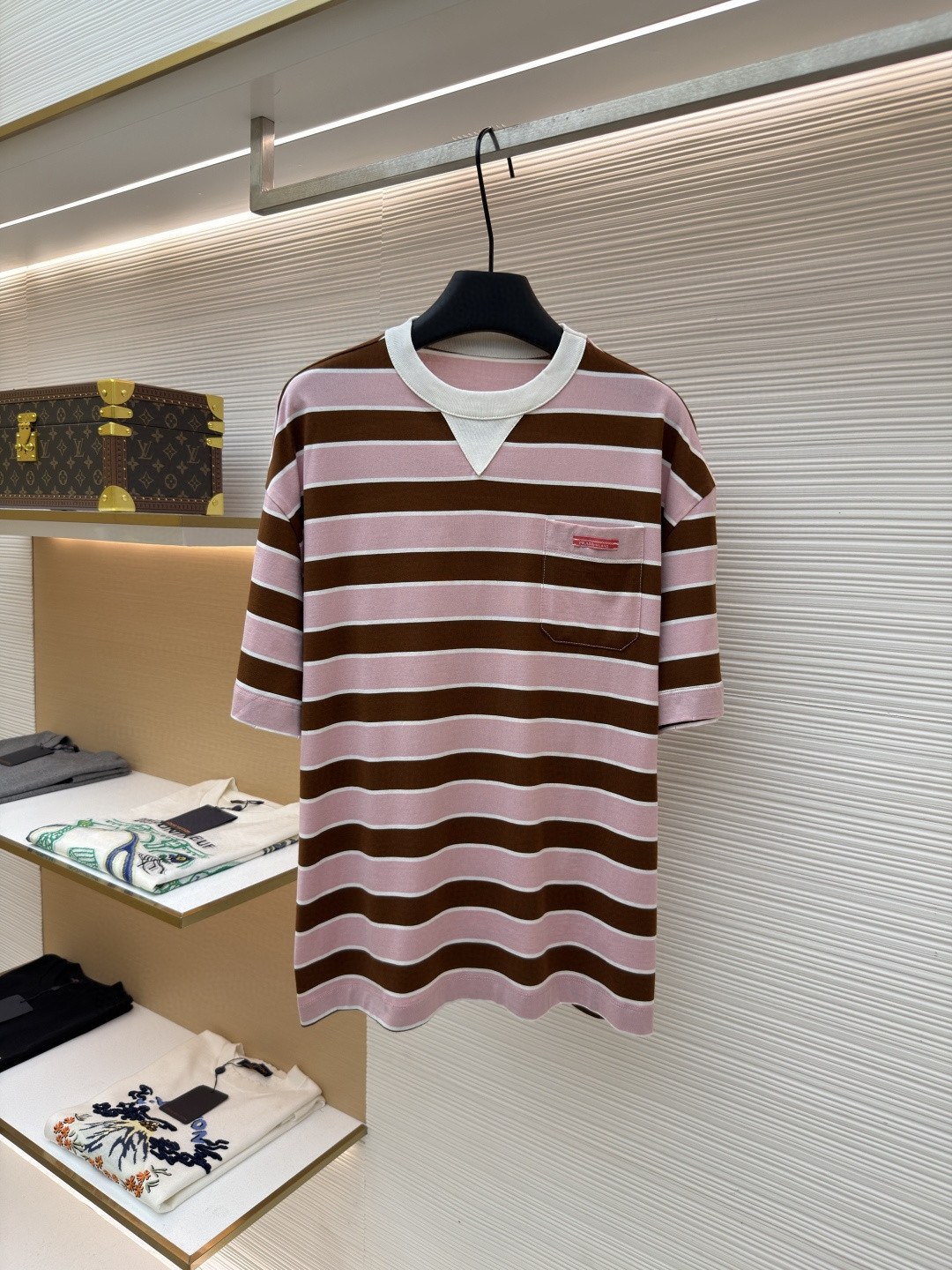 PRADA 普拉达 撞色条纹圆领短袖 T恤 夏季 粉色 A0 39610-OOO1-89PF0-5AB