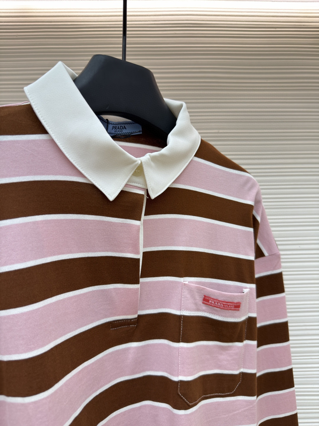 PRADA 普拉达 撞色条纹长袖短款Polo衫 T恤 女款 粉色 A5 39661-189P-F05AB-S-OOO