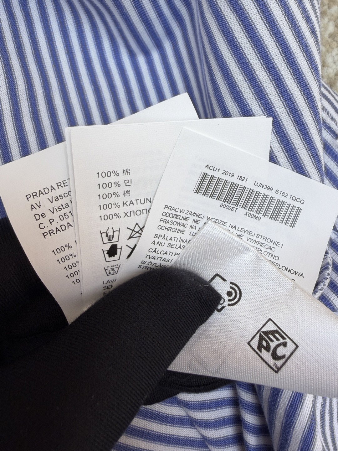 PRADA 普拉达 撞色条纹棉质圆领短袖 T恤 女款 夏季 蓝色 A0 39658-186H-F0X36-S-OOO