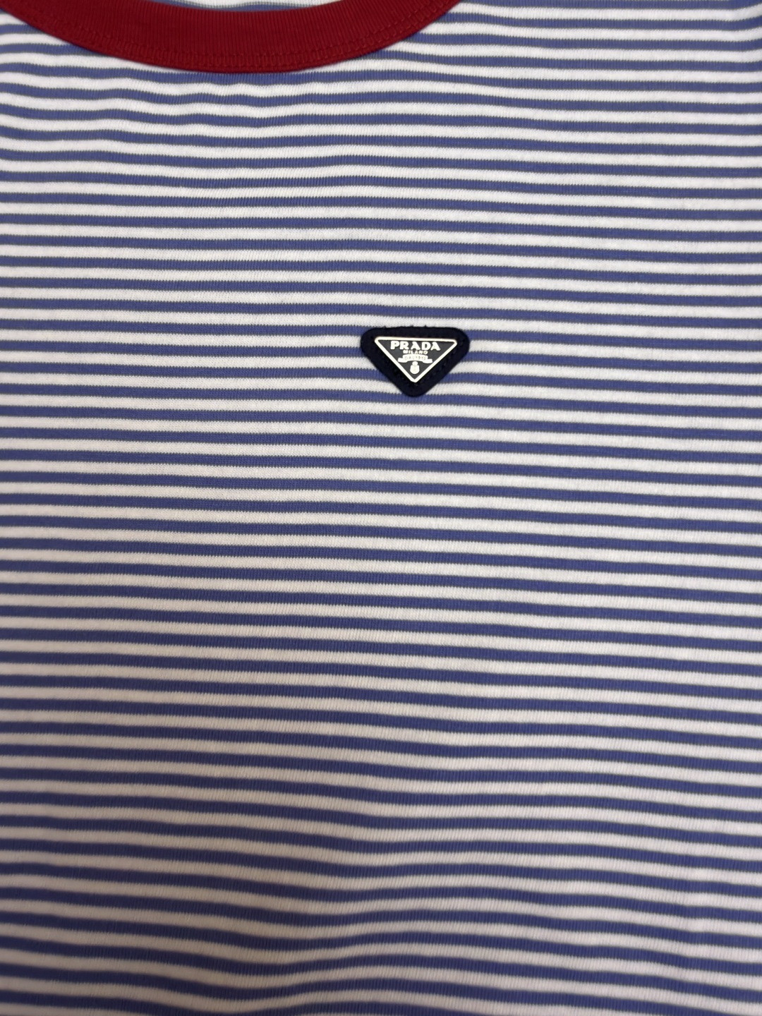 PRADA 普拉达 撞色条纹棉质圆领短袖 T恤 女款 夏季 蓝色 A0 39658-186H-F0X36-S-OOO