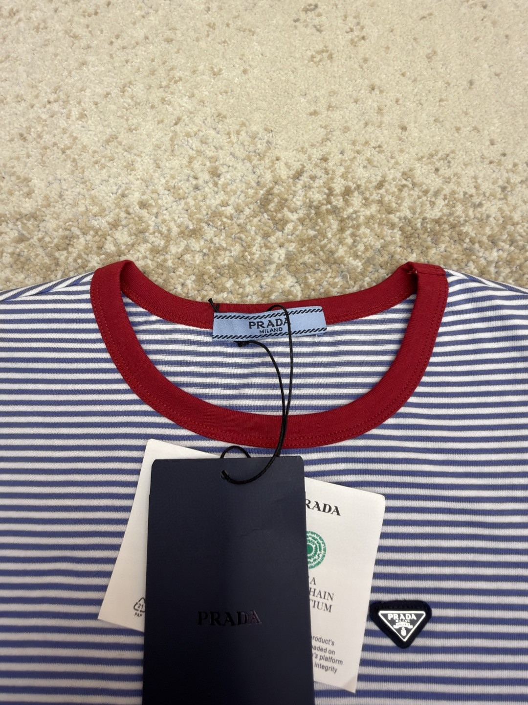 PRADA 普拉达 撞色条纹棉质圆领短袖 T恤 女款 夏季 蓝色 A0 39658-186H-F0X36-S-OOO