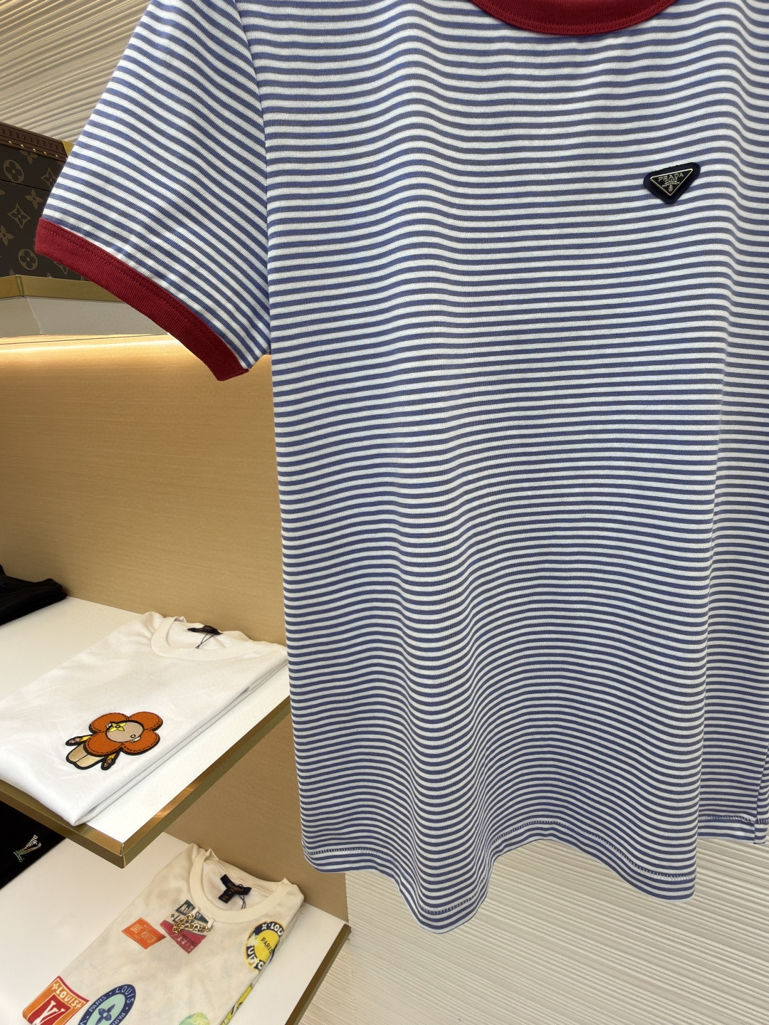 PRADA 普拉达 撞色条纹棉质圆领短袖 T恤 女款 夏季 蓝色 A0 39658-186H-F0X36-S-OOO