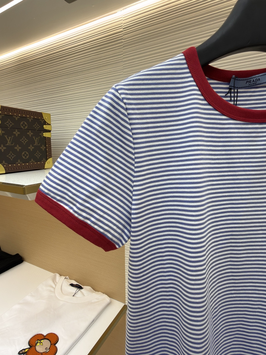 PRADA 普拉达 撞色条纹棉质圆领短袖 T恤 女款 夏季 蓝色 A0 39658-186H-F0X36-S-OOO