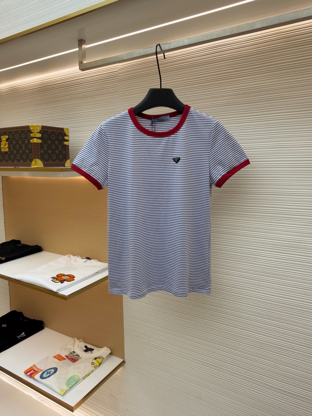 PRADA 普拉达 撞色条纹棉质圆领短袖 T恤 女款 夏季 蓝色 A0 39658-186H-F0X36-S-OOO