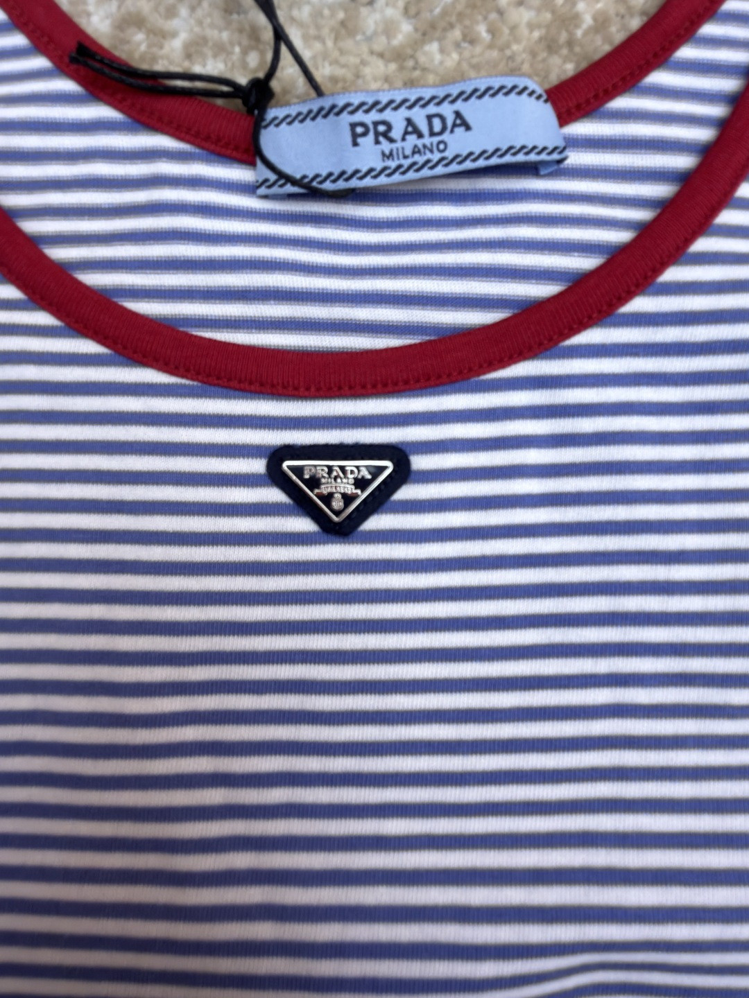 PRADA 普拉达 撞色条纹棉质背心 短袖 T恤 女款 夏季 蓝色 A0 39659-186H-F0X36-S-OOO