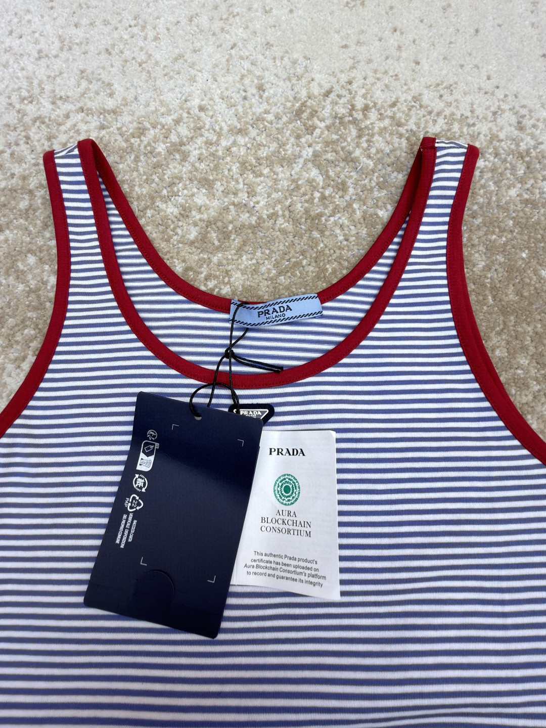 PRADA 普拉达 撞色条纹棉质背心 短袖 T恤 女款 夏季 蓝色 A0 39659-186H-F0X36-S-OOO