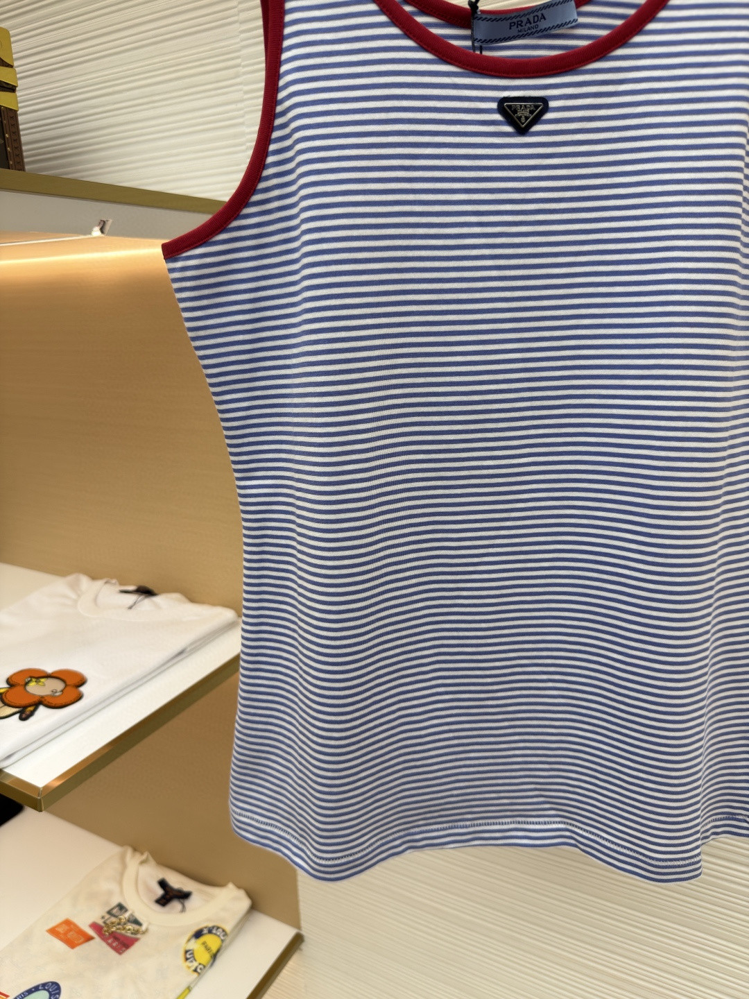 PRADA 普拉达 撞色条纹棉质背心 短袖 T恤 女款 夏季 蓝色 A0 39659-186H-F0X36-S-OOO
