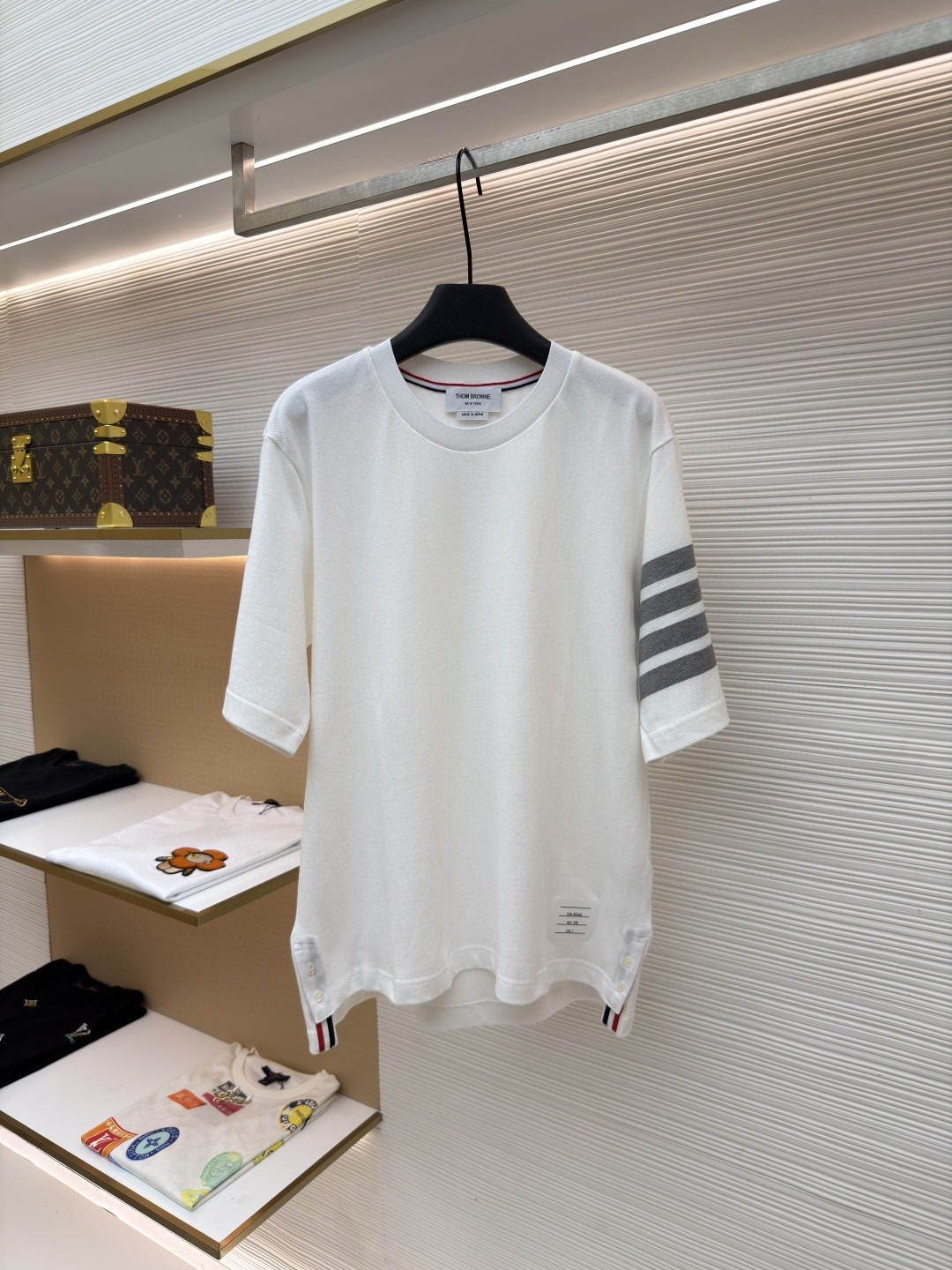 THOM BROWNE 珠地棉针织圆领短袖 T恤 黑色 藏蓝色 灰色 白色 A5 