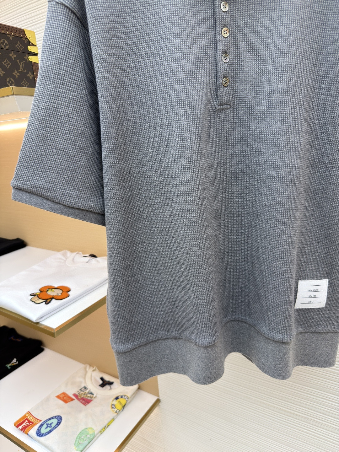 THOM BROWNE 华夫格针织Polo衫 短袖 T恤 深灰色 藏蓝色 灰色 B0 