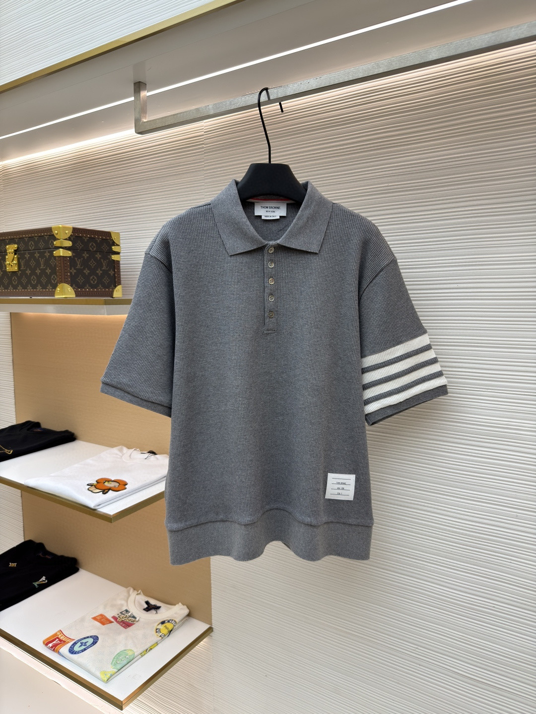 THOM BROWNE 华夫格针织Polo衫 短袖 T恤 深灰色 藏蓝色 灰色 B0 