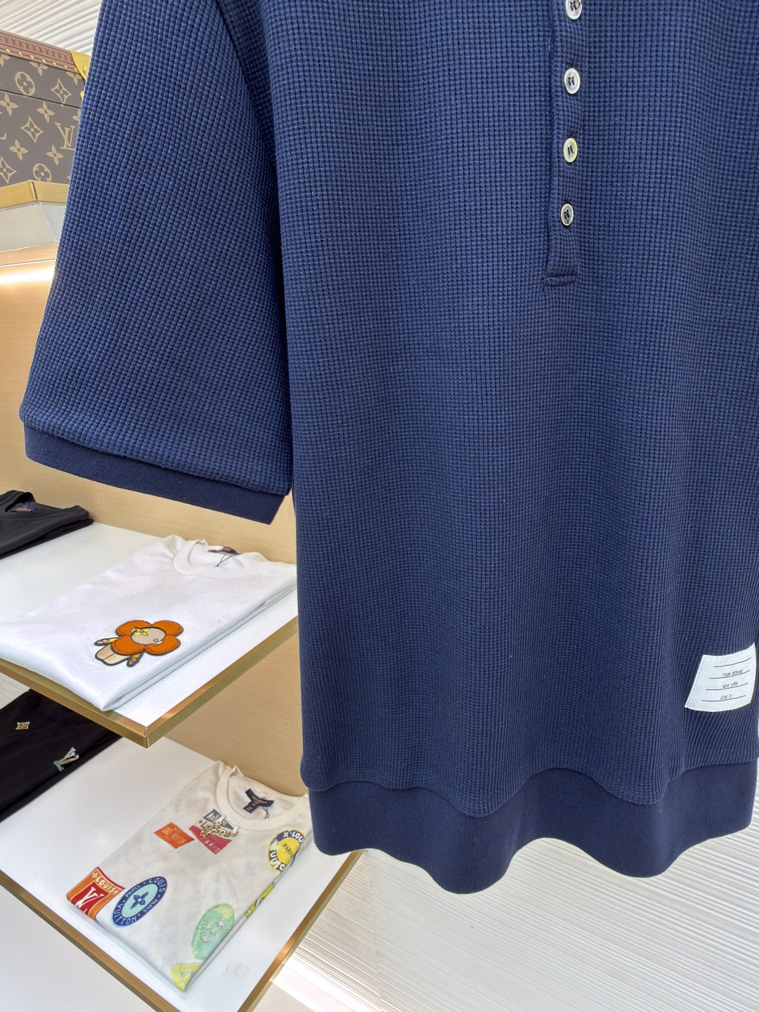 THOM BROWNE 华夫格针织Polo衫 短袖 T恤 深灰色 藏蓝色 灰色 B0 