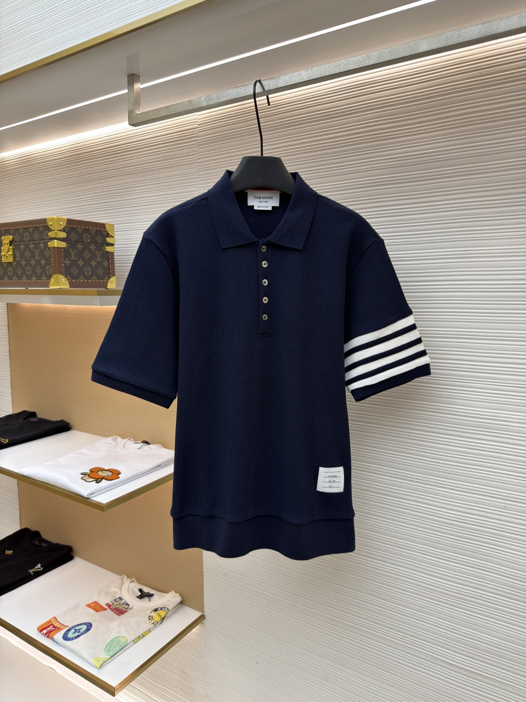 THOM BROWNE 华夫格针织Polo衫 短袖 T恤 深灰色 藏蓝色 灰色 B0 