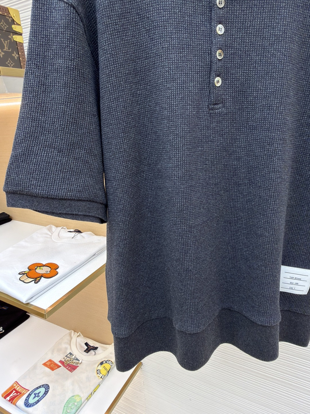 THOM BROWNE 华夫格针织Polo衫 短袖 T恤 深灰色 藏蓝色 灰色 B0 