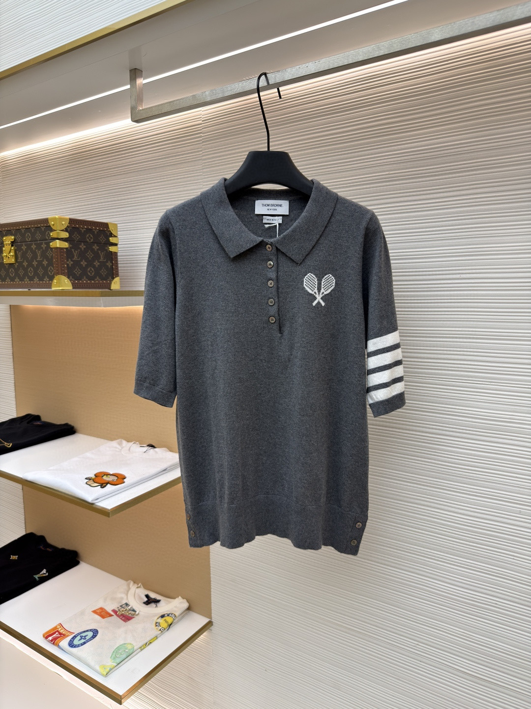 THOM BROWNE 网球拍针织Polo衫 短袖 女款 藏蓝 灰色 A5
