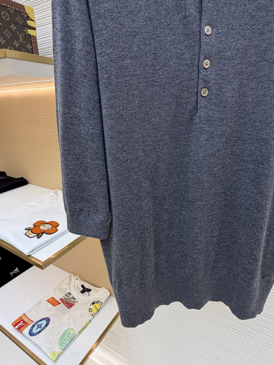 THOM BROWNE 羊毛针织七分袖Polo衫 短袖 女款 藏蓝色 杏色 灰色 B0 FKP053A-Y1014-415