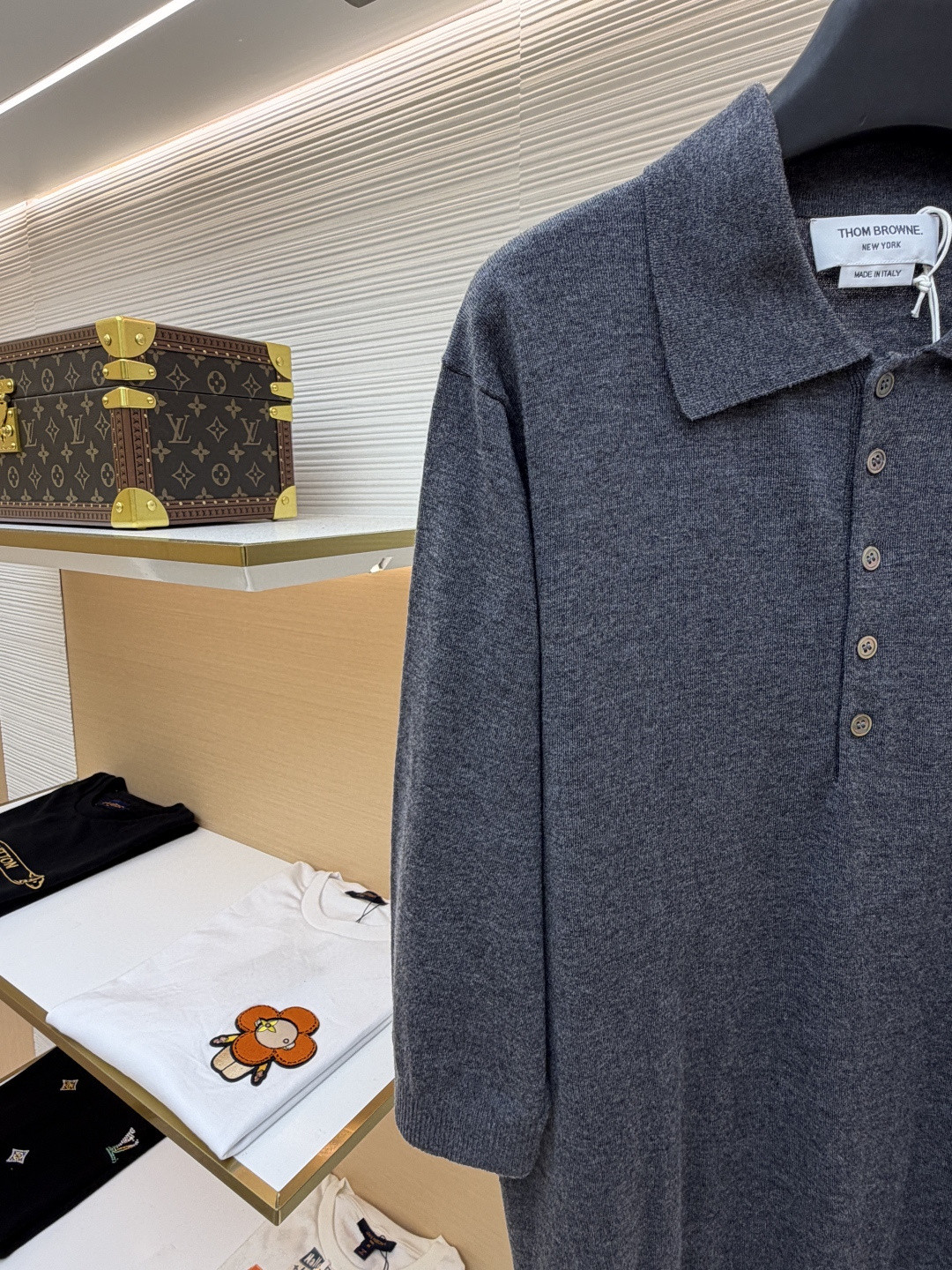 THOM BROWNE 羊毛针织七分袖Polo衫 短袖 女款 藏蓝色 杏色 灰色 B0 FKP053A-Y1014-415