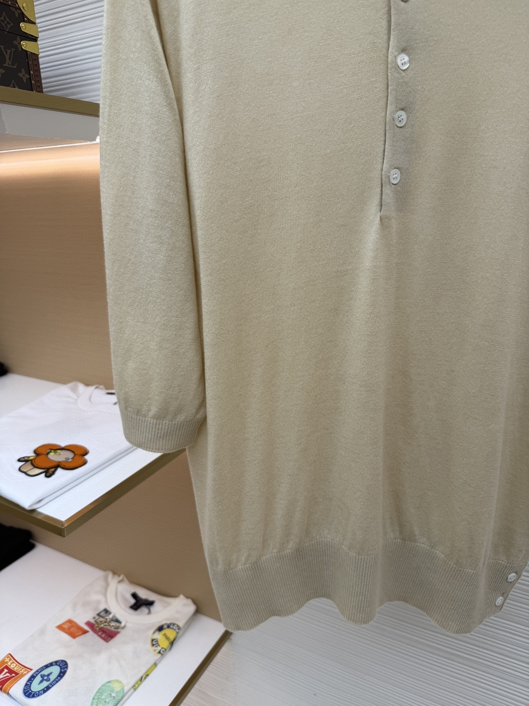 THOM BROWNE 羊毛针织七分袖Polo衫 短袖 女款 藏蓝色 杏色 灰色 B0 FKP053A-Y1014-415