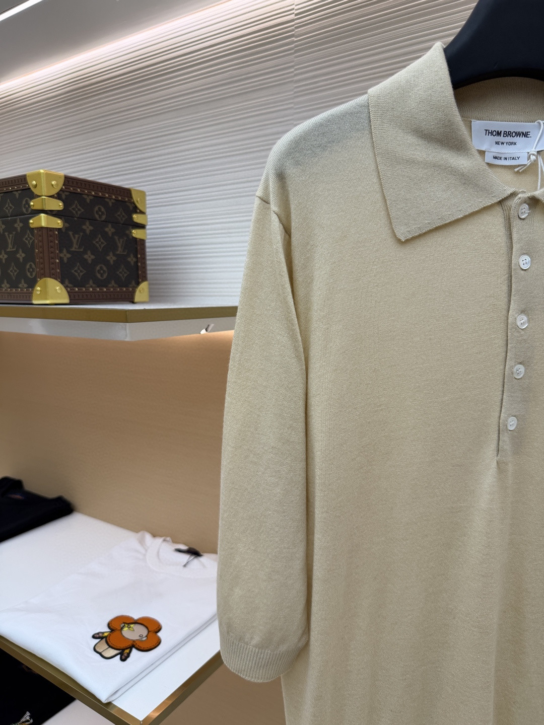 THOM BROWNE 羊毛针织七分袖Polo衫 短袖 女款 藏蓝色 杏色 灰色 B0 FKP053A-Y1014-415