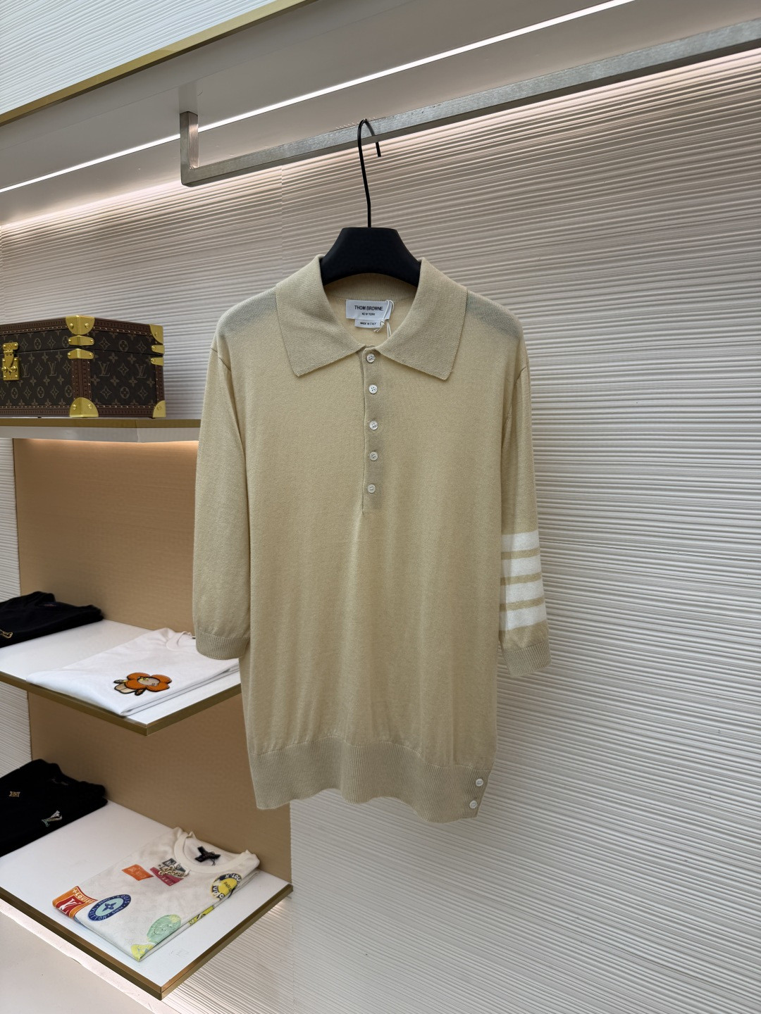 THOM BROWNE 羊毛针织七分袖Polo衫 短袖 女款 藏蓝色 杏色 灰色 B0 FKP053A-Y1014-415