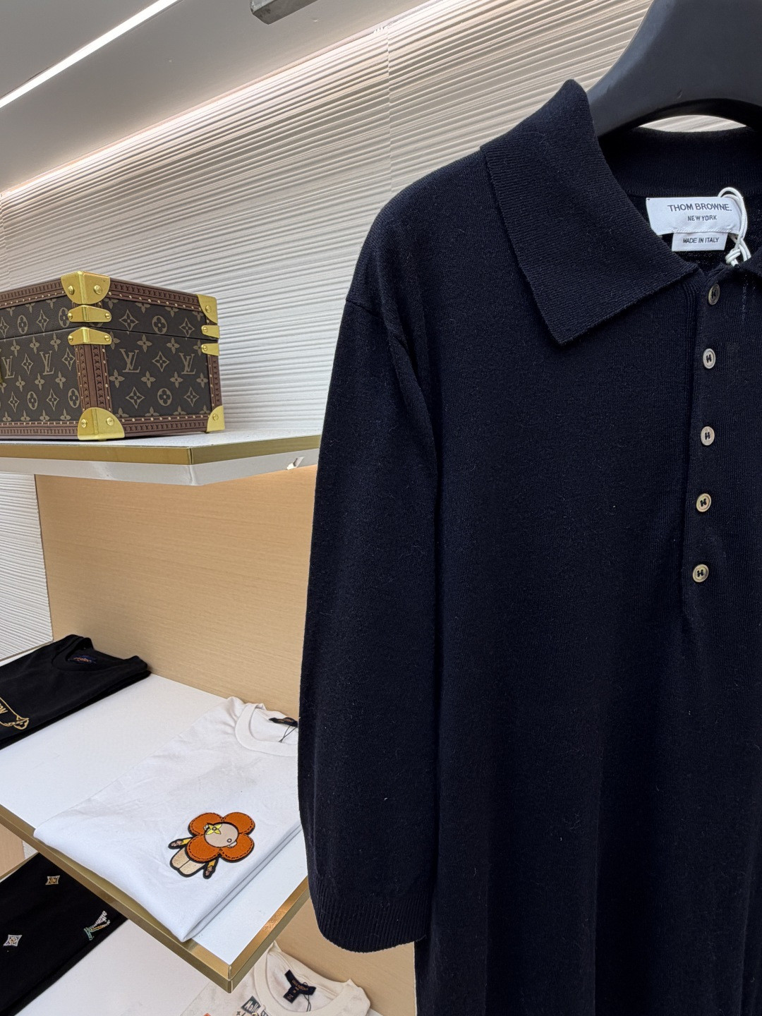 THOM BROWNE 羊毛针织七分袖Polo衫 短袖 女款 藏蓝色 杏色 灰色 B0 FKP053A-Y1014-415