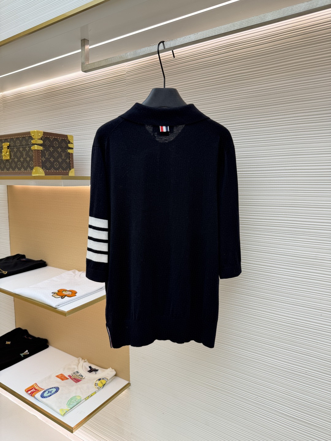 THOM BROWNE 羊毛针织七分袖Polo衫 短袖 女款 藏蓝色 杏色 灰色 B0 FKP053A-Y1014-415