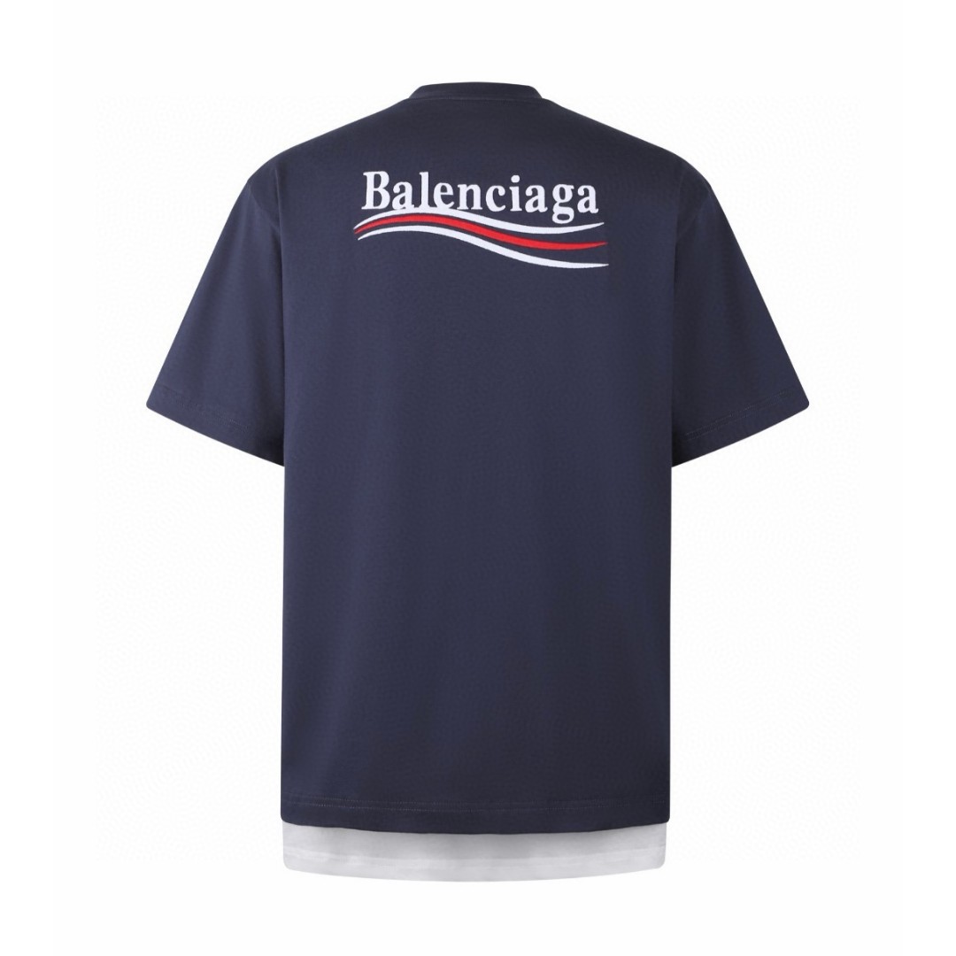 Balenciaga 巴黎世家 双层假两件可乐刺绣圆领短袖 T恤 夏季 藏青色 A5 