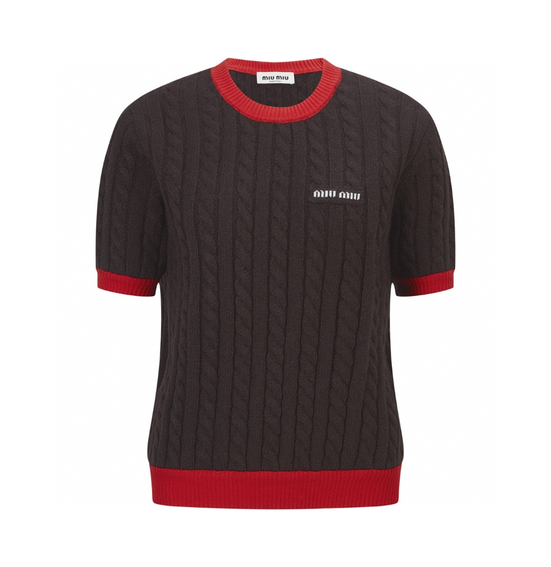 MIU MIU 撞色徽标提花标识针织衫 短袖 女款 棕色 A7 MML02J-18YH-F0K1N-S-OOO