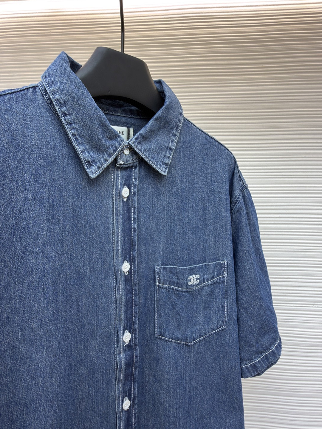 CELINE 赛琳 刺绣牛仔衬衫 外套 短袖 夏款 蓝色 A7 RC0D7208I-07UO