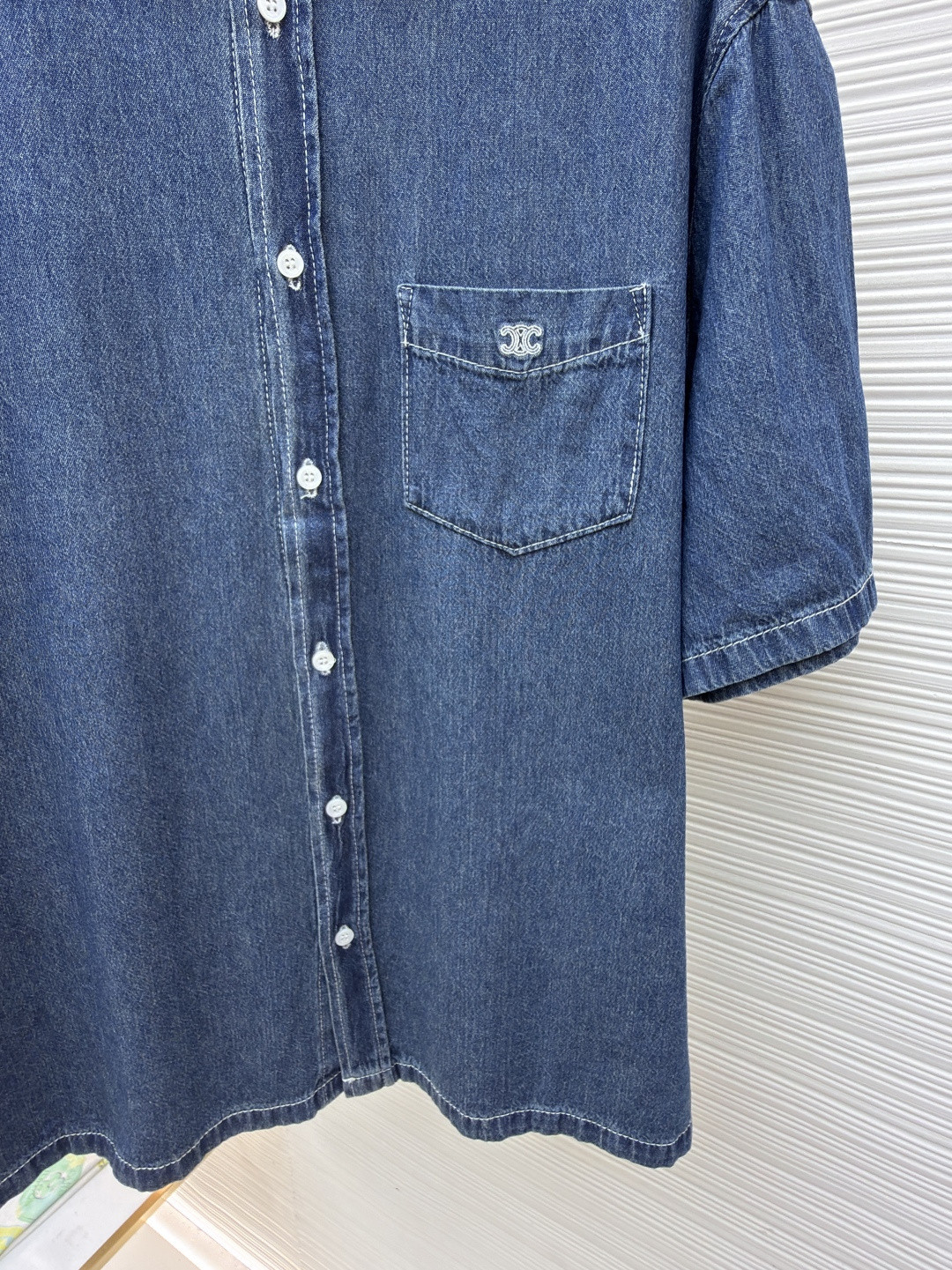 CELINE 赛琳 刺绣牛仔衬衫 外套 短袖 夏款 蓝色 A7 RC0D7208I-07UO