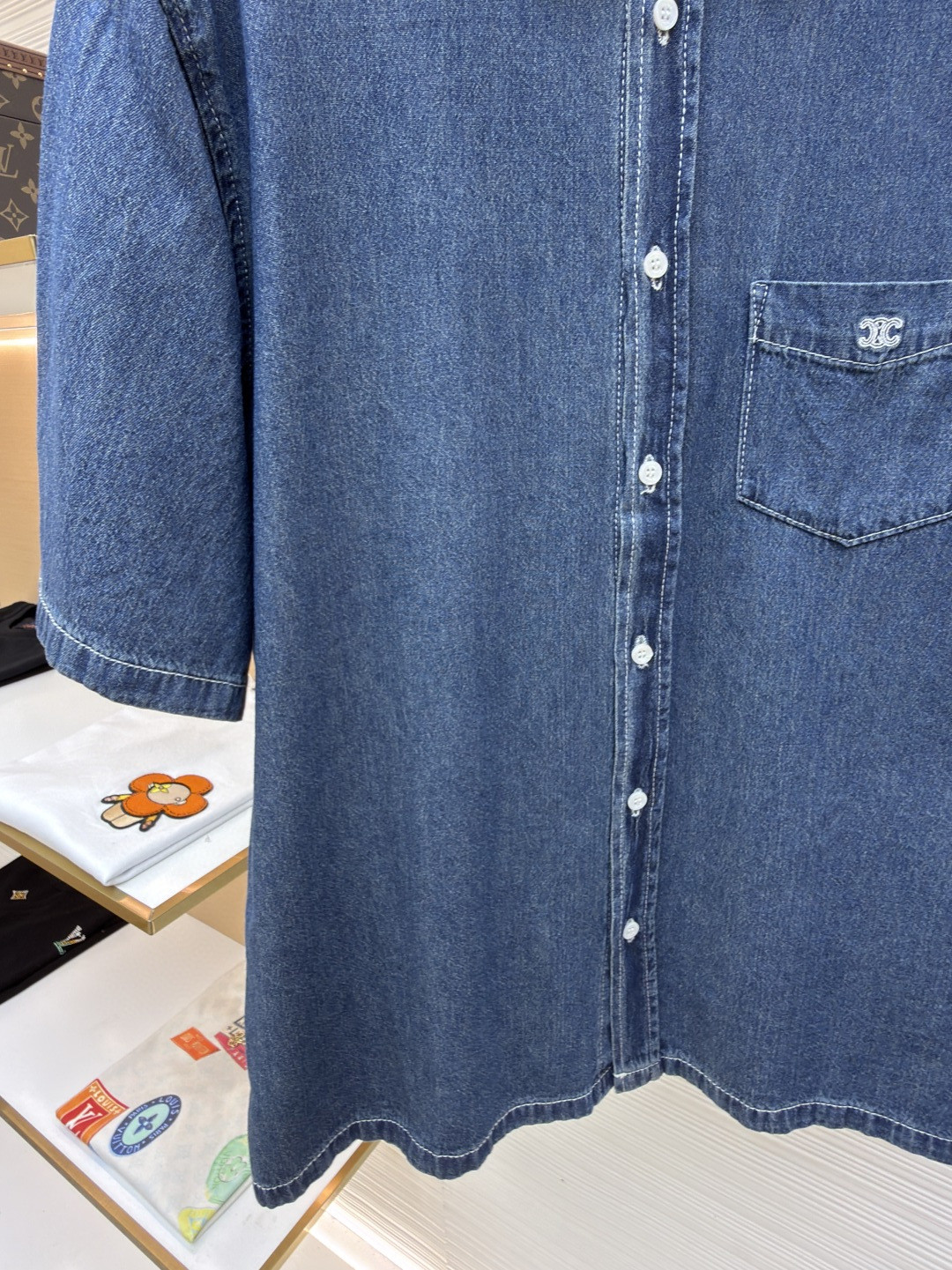 CELINE 赛琳 刺绣牛仔衬衫 外套 短袖 夏款 蓝色 A7 RC0D7208I-07UO